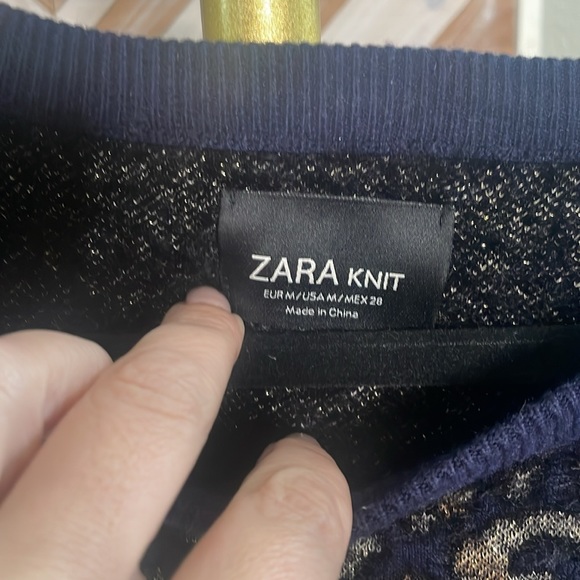 Zara knit animal print navy & gold sweater size Medium - Picture 3 of 8